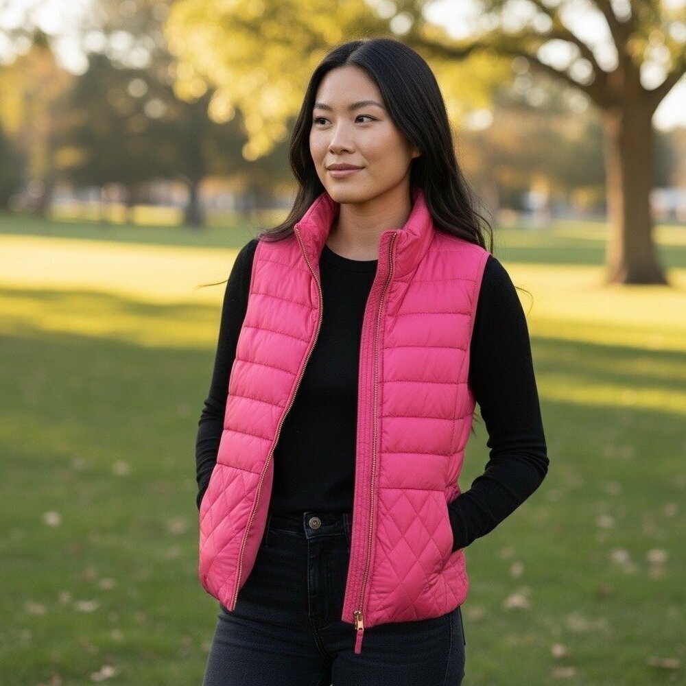 Talbots Pink Down Puffer Vest Womens Large Quilted Zip Front Warm Jacket Winter